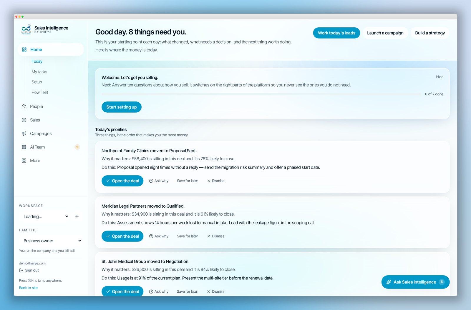 Sales Intelligence home screen showing pipeline value, deals at risk and today's actions
